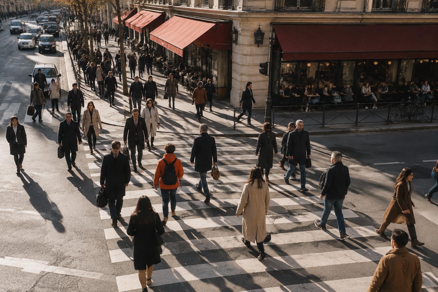 People crossing a busy city street in afternoon light