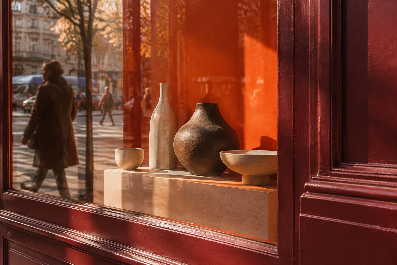 A sunlit shop window reflecting life on the street